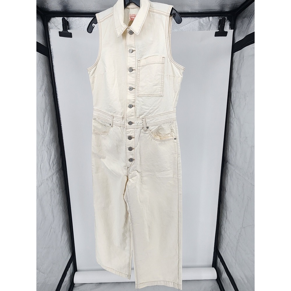 Levis Womens Sleeveless Denim Jumpsuit Ecru White Button Front A48500000 Size S